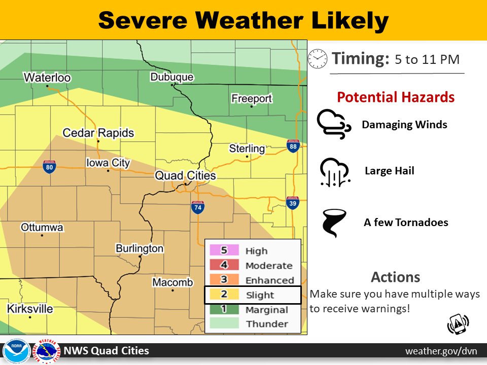 NWSQuadCities's tweet photo. Conditions favorable for all modes of severe weather are expected this evening, with large hail, damaging winds, and a few tornadoes all possible.  An Enhanced Risk for severe storms is forecast for locations generally along and south of Interstate 80 through this evening. https://t.co/fAqkOVjMnB