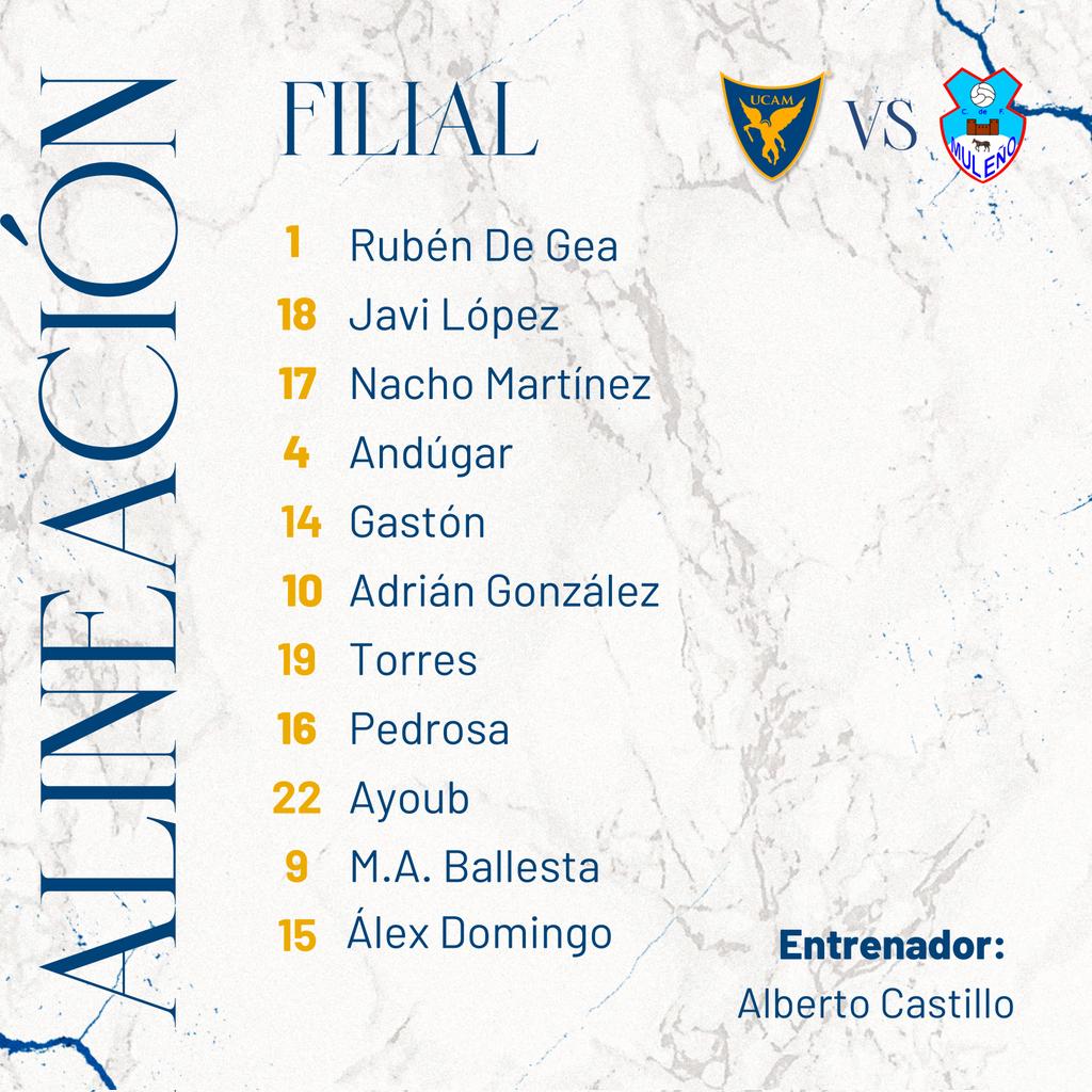 UCAMMurciaCF's tweet photo. 📋 𝗙𝗜𝗟𝗜𝗔𝗟 | ¡El XI de @alberto_castle ante el @MulenoClubF!

#CanteraUCAM https://t.co/t7Z7oJZ1Dd