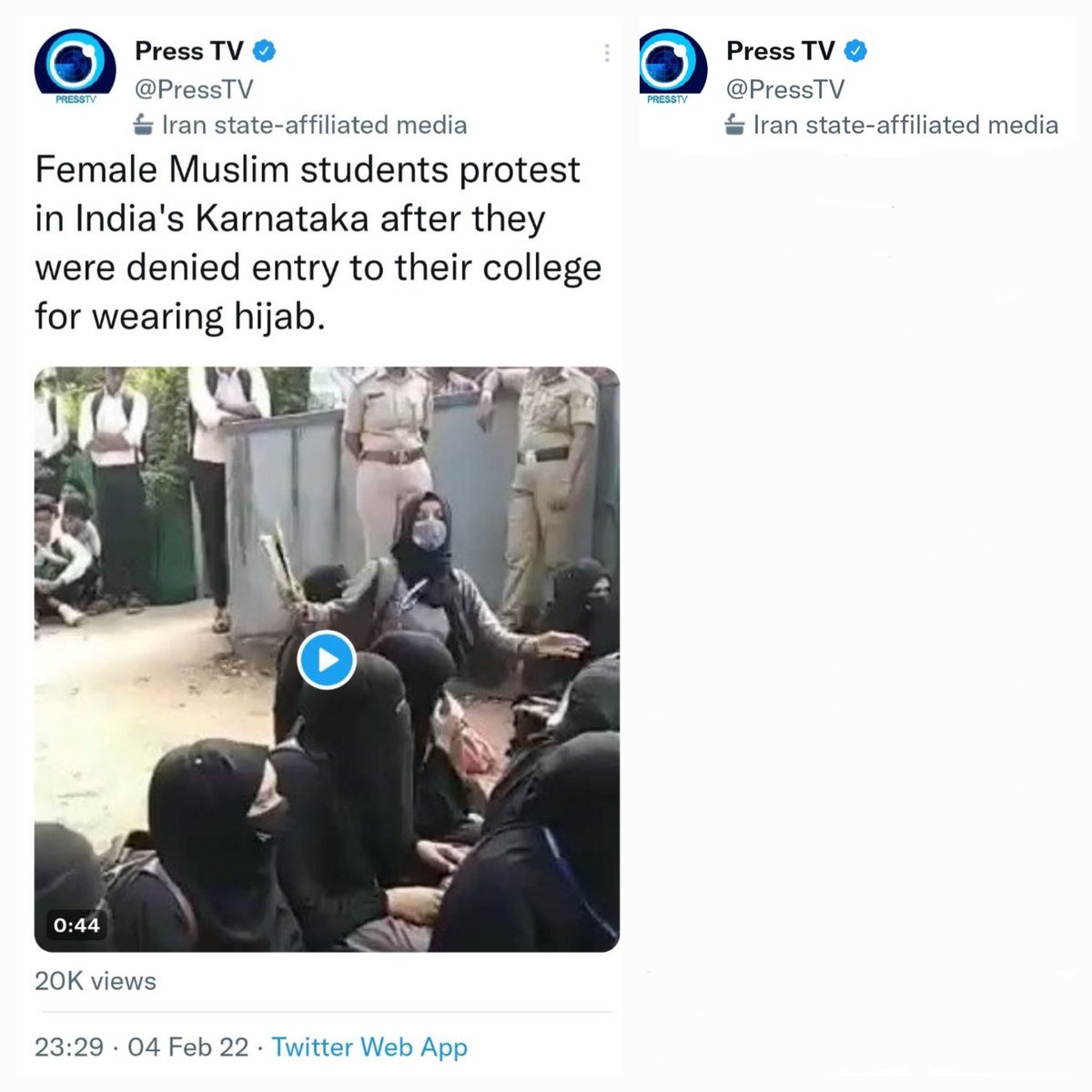 AskAnshul's tweet photo. Iran media Press TV: When girls in India protested against dress code of school/college in Karnataka &amp; demand hijab.

Till now, Press TV: When women in Iran took off hijabs &amp; protesting over death of 22-year-old Mahsa Amini after detention for not complying with hijab regulations https://t.co/hmjgNuDyEE
