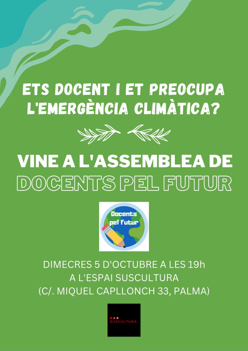 DocentsF's tweet photo. 3. I dimecres 5 d'octubre volem fer una reunió de Docents pel Futur, oberta a tots els que voleu fer alguna, com a  docents, davant l'emergència climàtica. Vos hi esperam. https://t.co/OfkWhcCh1D