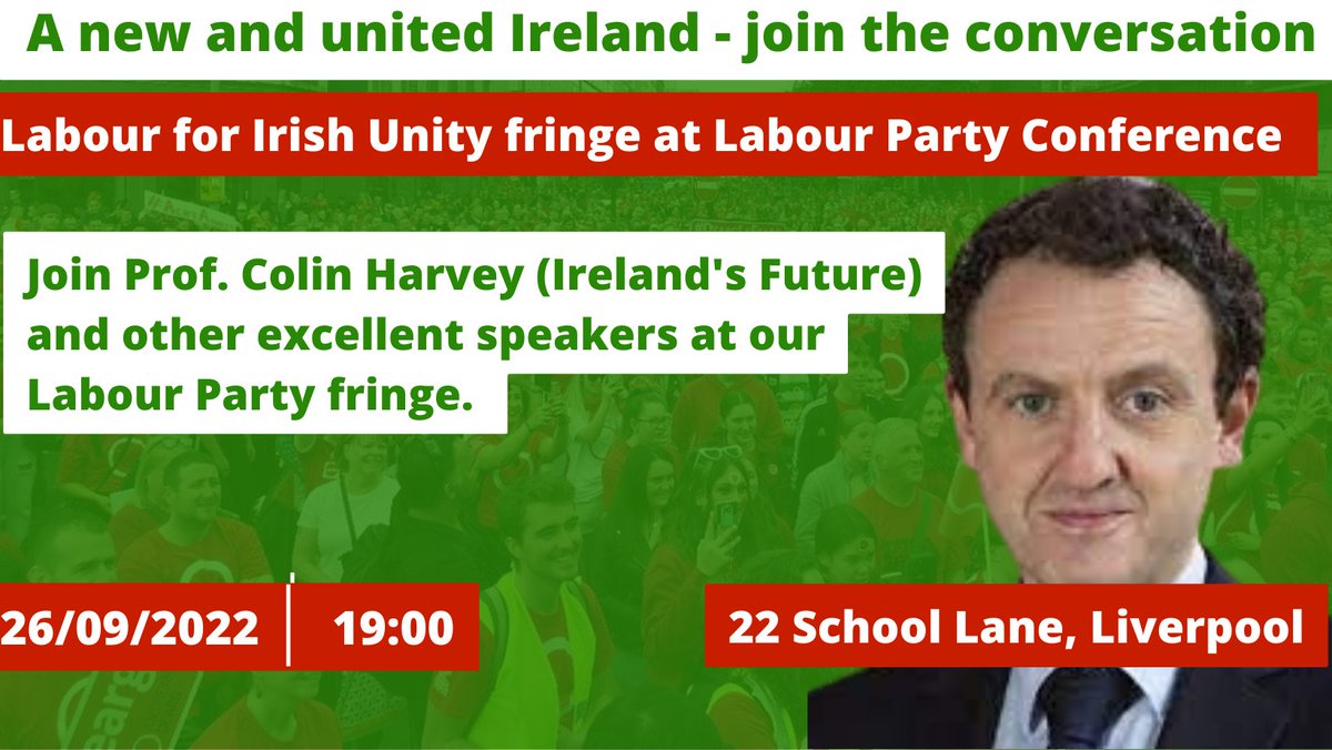 Labour for Irish Unity #LFIU (@lfiu2019) on Twitter photo Check out our Labour Conference fringe 'A new and united Ireland. Join the Conversation' where we will be hearing from the amazing <a href="/cjhumanrights/">Colin Harvey</a> from <a href="/IrelandsFuture/">Ireland's Future - Todhchaí na hÉireann</a>.
📅Monday 26/09
📌 Quaker Meeting House, 22 School Lane.
⏰7- 8:30 pm Check out our Labour Conference fringe 'A new and united Ireland. Join the Conversation' where we will be hearing from the amazing <a href="/cjhumanrights/">Colin Harvey</a> from <a href="/IrelandsFuture/">Ireland's Future - Todhchaí na hÉireann</a>.
📅Monday 26/09
📌 Quaker Meeting House, 22 School Lane.
⏰7- 8:30 pm