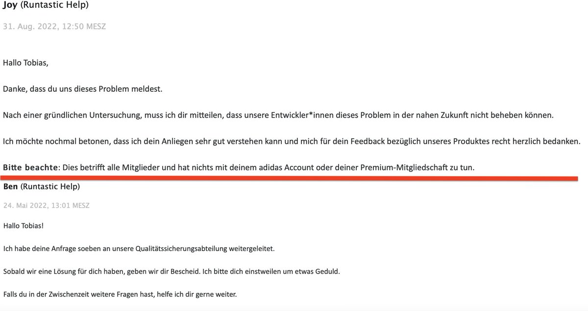 Hey <a href="/adidasrunning/">adidas Running</a>, ich bin ein wenig #sprachlos. 3 Monate für eine Antwort und die heißt dann auch noch: "... in der nahen #Zukunft nicht" behebbar!
Hintergrund: Übertragung von Trainingsdaten (Fitnessstudio) über <a href="/Apple/">Apple</a> Watch an #fitness app funktioniert nicht. #Digitalisierung