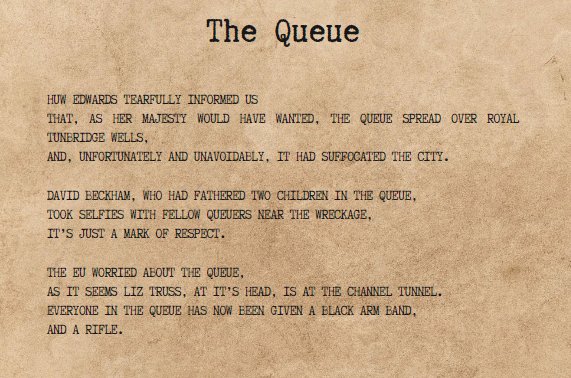 ape_tiny's tweet photo. A poem about #TheQueue 

Don't fear The Queue. Please. https://t.co/9nGASDjhN7