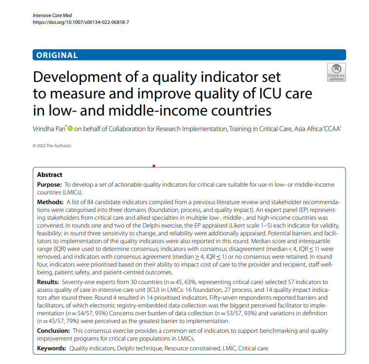 Vrindha Pari (@vrindha_pari) on Twitter photo Proud to share the publication of the first major work I've led as part of my PhD with <a href="/unibirmingham/">Uni of Birmingham</a> on behalf of <a href="/AsiaCritical/">CRITIcal CARE Asia</a> <a href="/africacritical/">@AfricaCritical</a>. Thank you <a href="/yourICM/">Intensive Care Medicine</a> for seeing value in this work!
Look forward to my next steps with <a href="/irisintensive/">irisalliance</a> to implement these indicators. Proud to share the publication of the first major work I've led as part of my PhD with <a href="/unibirmingham/">Uni of Birmingham</a> on behalf of <a href="/AsiaCritical/">CRITIcal CARE Asia</a> <a href="/africacritical/">@AfricaCritical</a>. Thank you <a href="/yourICM/">Intensive Care Medicine</a> for seeing value in this work!
Look forward to my next steps with <a href="/irisintensive/">irisalliance</a> to implement these indicators.