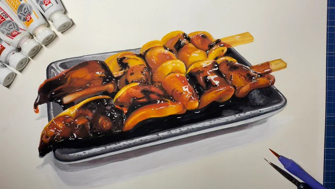 絵の具で「いかおやじ串」を描きました。5色縛りイカの表面に、タレが現れる瞬間を観に来てほしい。YouTubeより↓↓イラスト#ポスターカラー#YouTube#絵描きさんと繋がりたい#どこかの誰かに刺さればそれで良い 