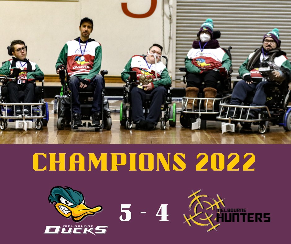 𝗖𝗛𝗔𝗠𝗣𝗜𝗢𝗡𝗦! Your Melbourne Ducks are the 2022 Powerchair Sports Victoria Hockey Champions!

𝗣𝗼𝗶𝗻𝘁𝘀: Luke David 4, Jackson Easterbrook 1

#PowerchairHockey #DucksFlyTogether 💪