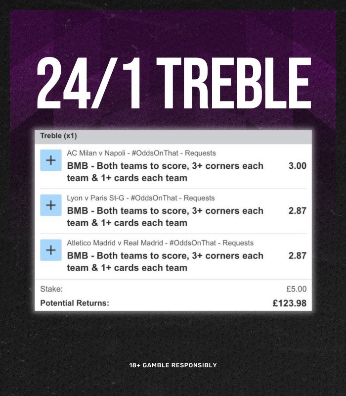 BadManBetting's tweet photo. ✔️ 24/1 Goals, Corners &amp; Cards Treble

Three matches: BTTS, 3+ corners each team, 1+ card each team

💷 £5 for £124
💷 £10 for £248

Load bet: https://t.co/gPE5lUTfRj

Join Betfair to place &amp; you'll get a full cash refund if it loses: https://t.co/5rZjjWbFyA

18+, Ts&amp;Cs Apply. Ad https://t.co/3wtAaWBL19