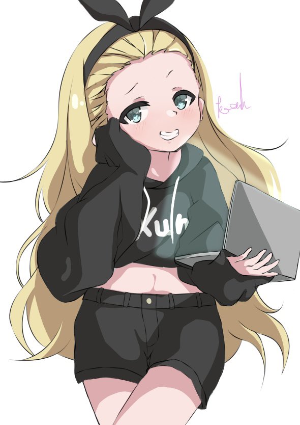 1girl blonde hair long hair solo hoodie hood laptop  illustration images