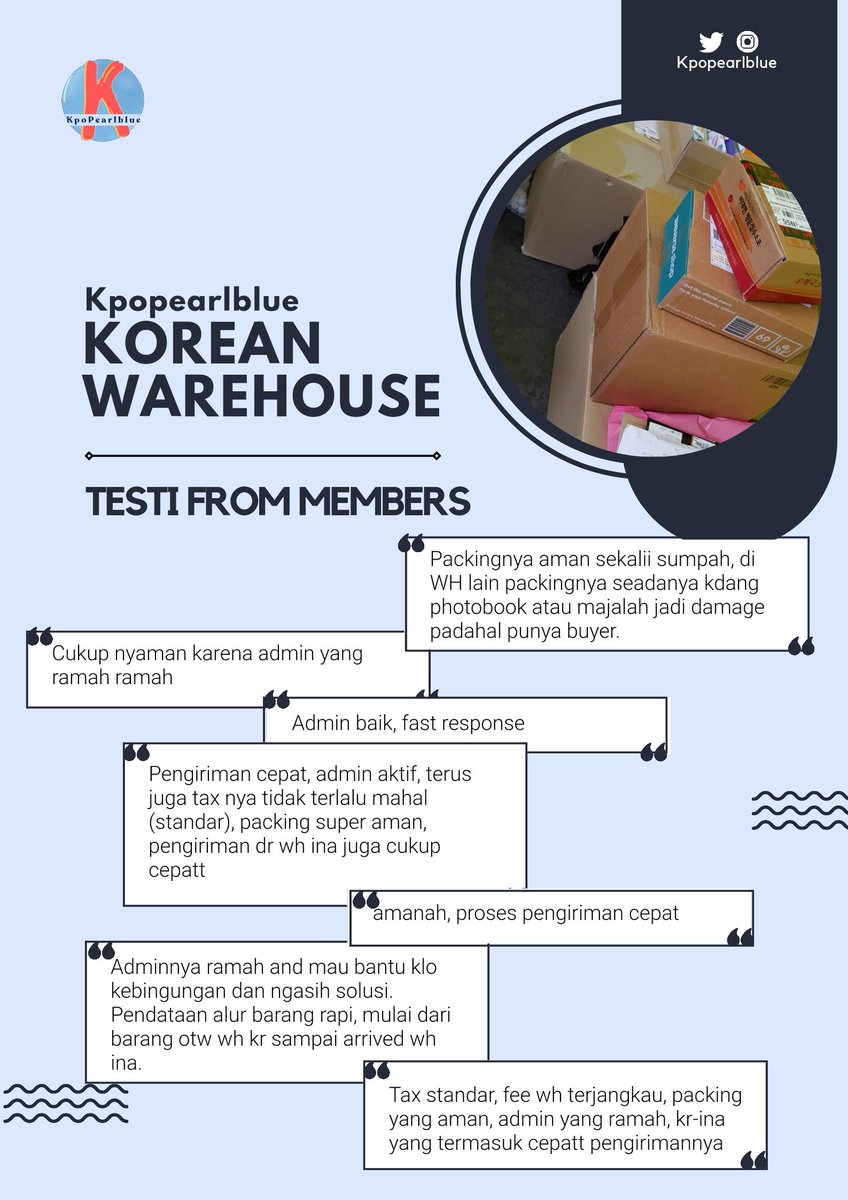 KOREAN WAREHOUSE SHARING &amp; DIRECT

📍 Gyonggi-do 🇰🇷 - Cimahi 🇮🇩

Fix join wh DM/kkt di bio <3

-----------------------------
Update lainnya ttg wh #kpopearlblue_WH