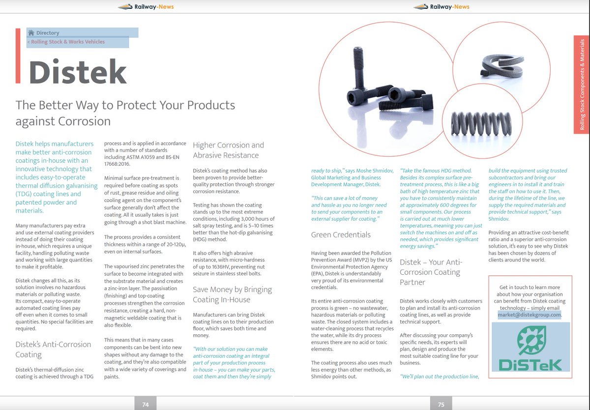 DistekD's tweet photo. We have been featured in @Railway_News׳ #InnoTrans Special magazine!

You can find the article in the picture below or read the e-magazine here (Distek is featured on pages 74, 75, and 76):
https://t.co/sSNuFMeat9

Happy Coating!

#AntiCorrosion #ThermalDiffusion #InnoTrans2022 https://t.co/8ig6Q15nxs
