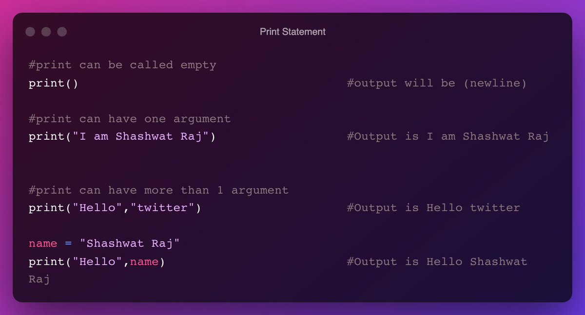 rajshashwatcode's tweet photo. object: object can be any data type, none, one, or many data values that need to be printed. Before printing, objects are transformed into strings.

(4/8) https://t.co/ikBcQI4G53