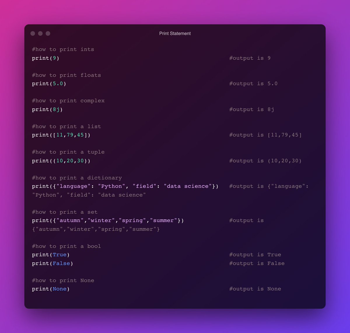 rajshashwatcode's tweet photo. object: object can be any data type, none, one, or many data values that need to be printed. Before printing, objects are transformed into strings.

(4/8) https://t.co/ikBcQI4G53