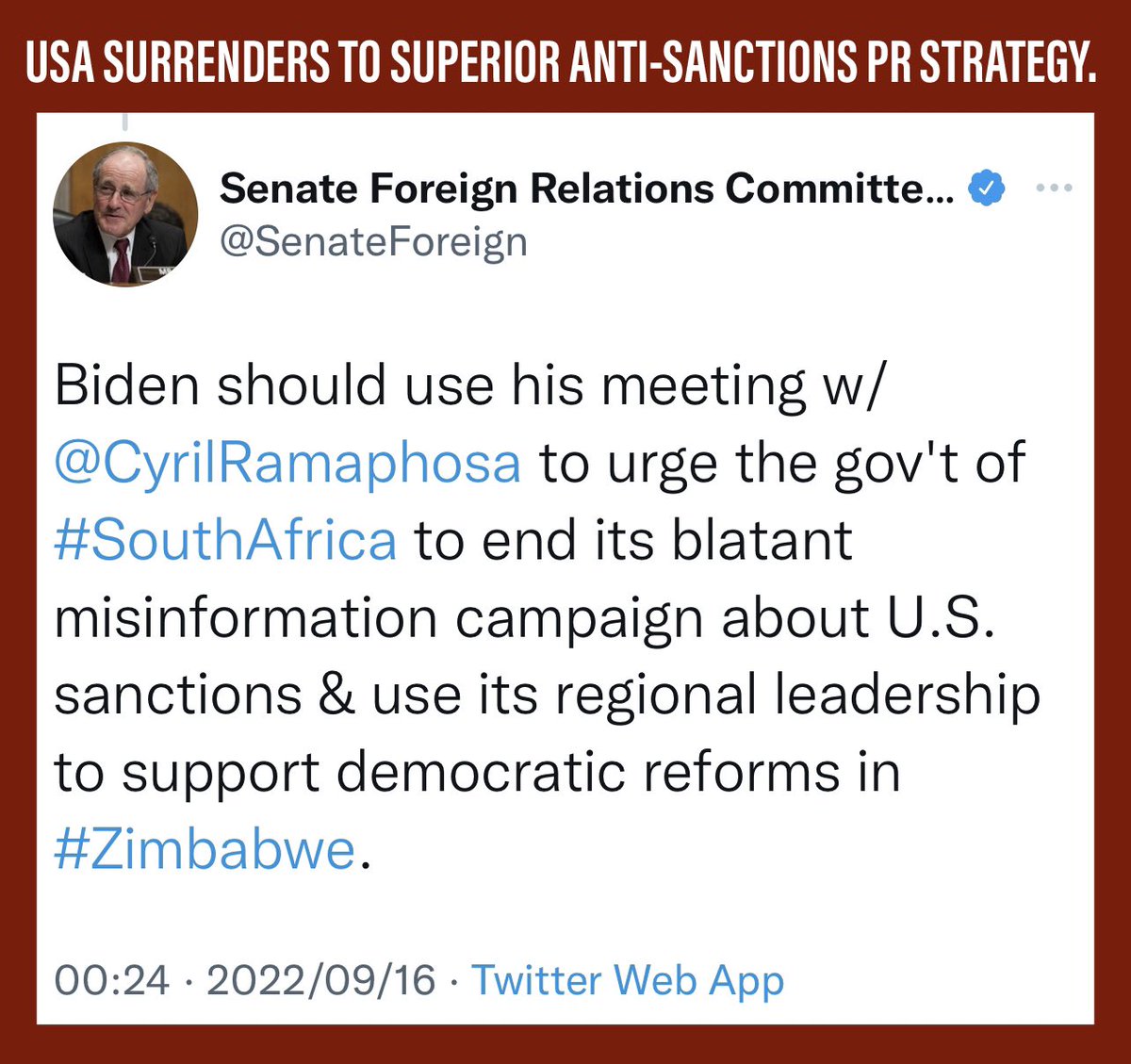 matinyarare's tweet photo. US Senator is so frustrated by how Zim has skillfully exposed the illegality of US sanctions to gain UN & SADC advocacy to break #Hopewell, #Mahere, #AliNaka & CCC #ItsCorruption drive. USA should never have put #CCC & amateur journalist against a #CharteredMarketer & #Advocate. https://t.co/8zLHb8QYmO