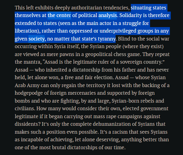 JihadalHaqq's tweet image. &quot;This left exhibits deeply authoritarian tendencies, situating states at the center of political analysis. Solidarity is therefore extended to states, rather than oppressed groups in any given society.&quot;
from the Anti-Imperialism of Idiots by Leila al-Shami