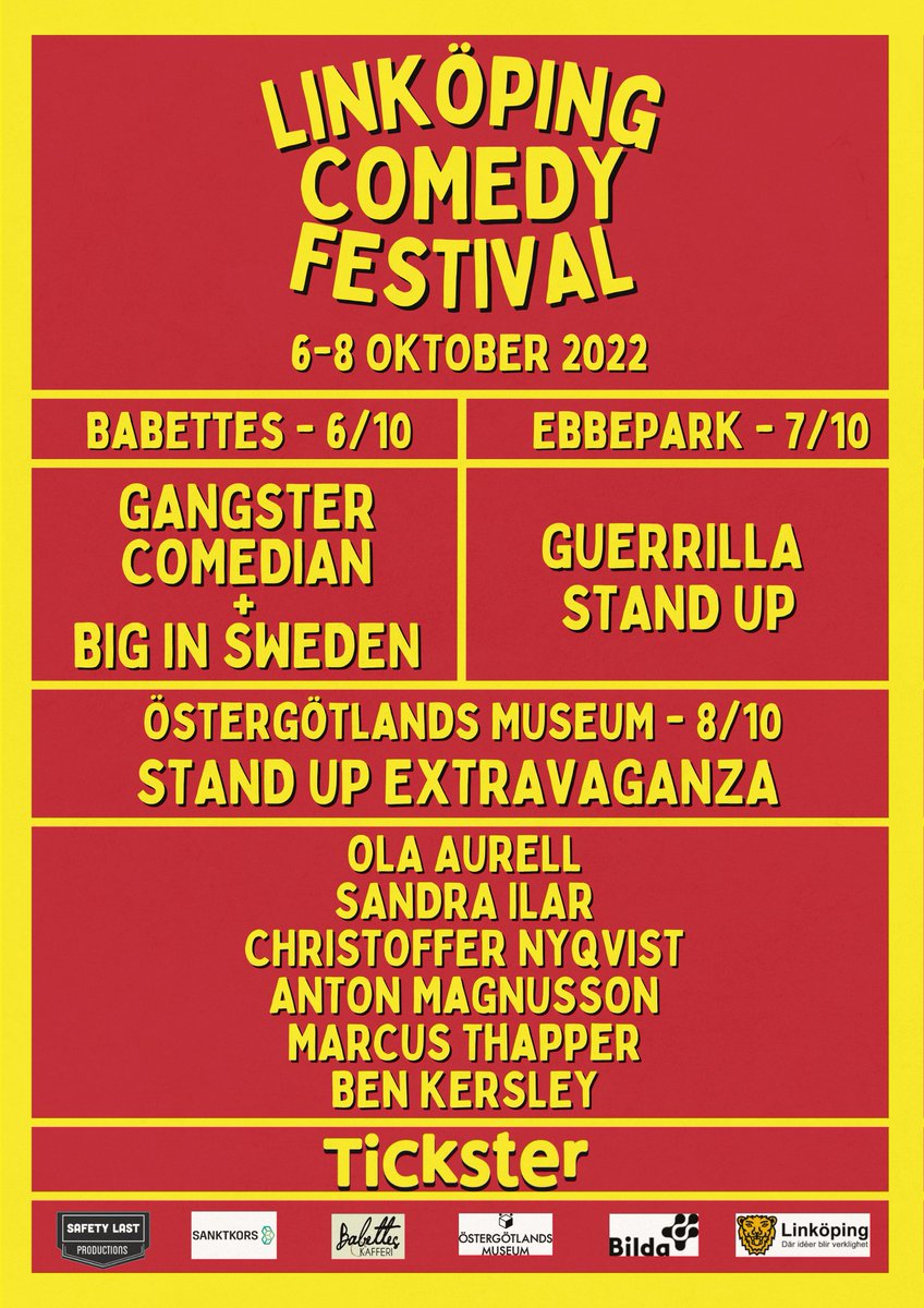 Linköping Comedy Festival 6-8 oktober! 

Lördag 8/10 med <a href="/sandrailar/">Sandra Ilar</a>, <a href="/Marcusthapper/">Förträfflig Djävulshäst - Supercupmästare 🏆</a>, <a href="/Anton_MrCool/">Anton Magnusson</a>, Ola Aurell &amp; Christoffer Nyqvist med MC: <a href="/BenKersley/">Ben Kersley</a> går snabbt!

secure.tickster.com/sv/ffz6372rrc2…