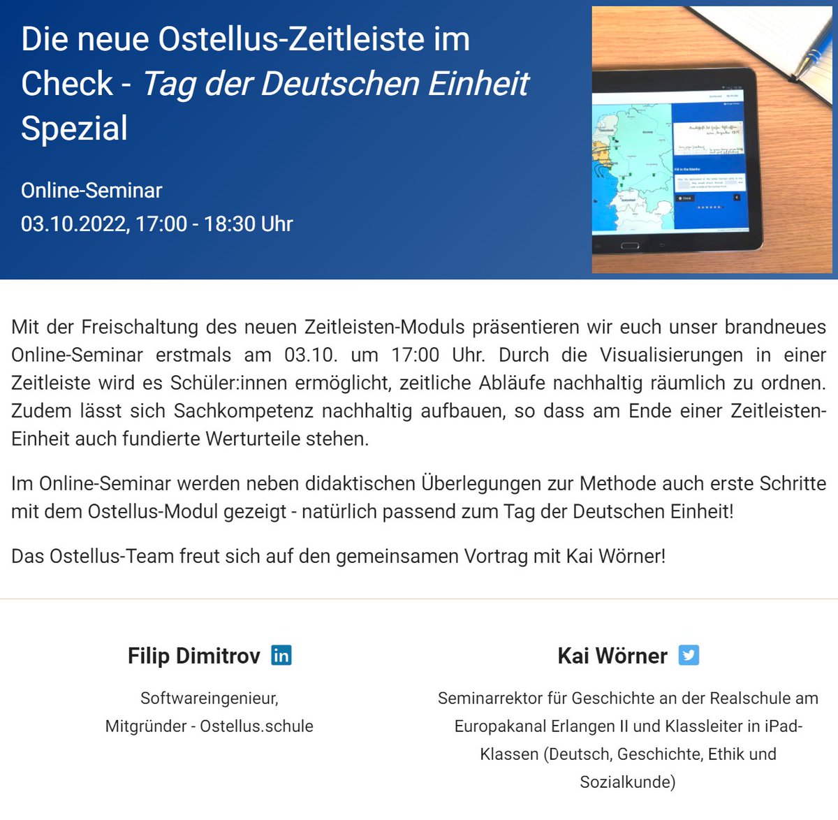 ostellus_de's tweet photo. Mit der Freischaltung des neuen Zeitleisten-Moduls präsentieren wir euch gemeinsam mit @WoeReal unser Online-Seminar erstmals am 03.10. um 17:00 Uhr.
Durch die Visualisierungen in einer Zeitleiste wird es Schüler:innen ermöglicht, zeitliche Abläufe nachhaltig räumlich zu ordnen. https://t.co/7HBDYYLHse