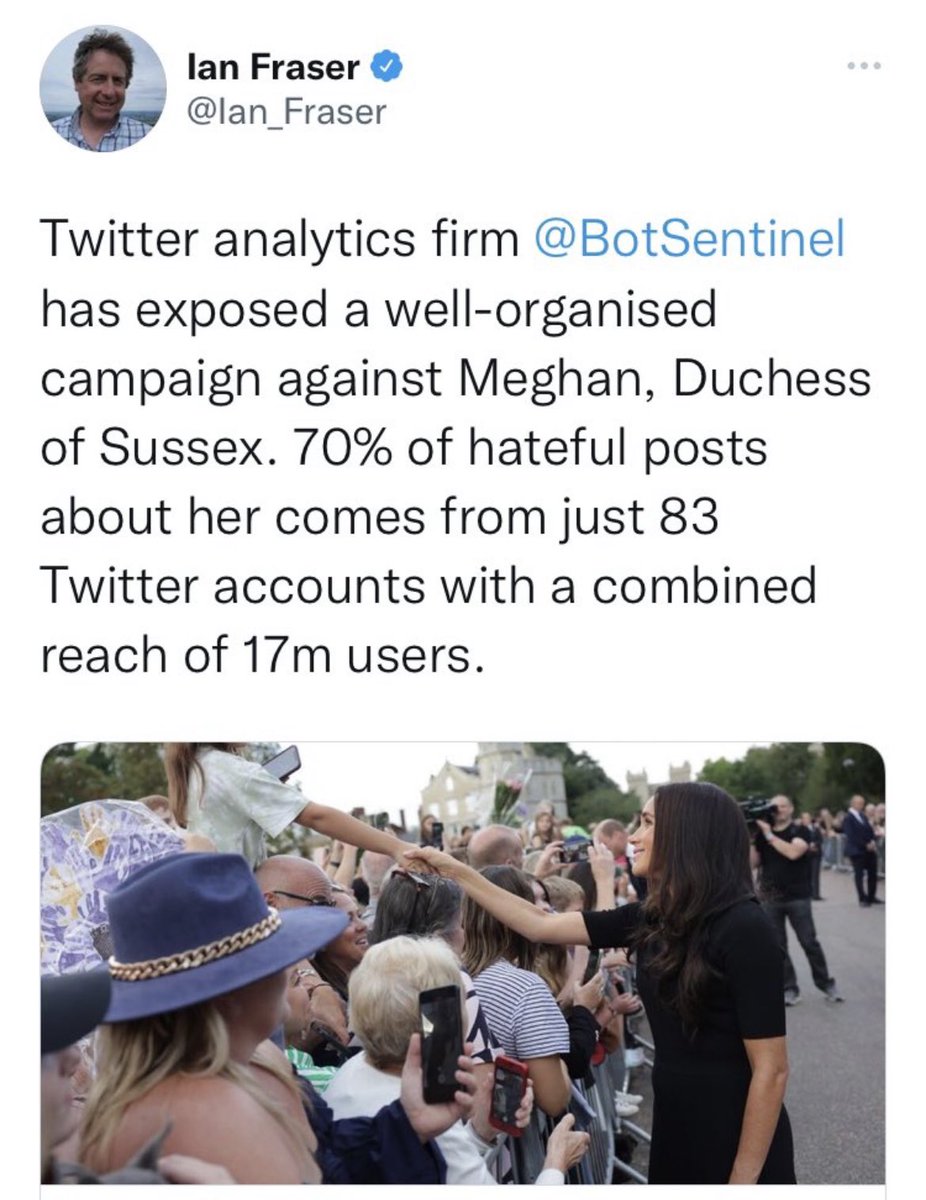 @4everdcity Twitter analytics firm <a href="/BotSentinel/">Bot Sentinel</a> exposed a vicious organised campaign against Meghan Duchess of Sussex.  -70% of hateful posts about her every move or about her comes from just 83 Twitter accounts with a combined bit reach of 27m users.There is also a #  inciting more hate.