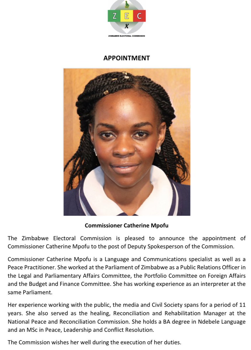 mangwana_jasper's tweet photo. #AppointmentNotice
Welcome Commissioner Cathrine Mpofu, congratulations on the appointment https://t.co/Sa6R47Oezh