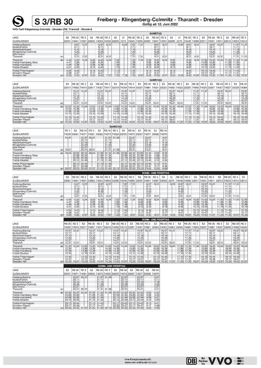 ab Montag den 19. September 2022 verkehrt die Linie S3, der S-Bahn Dresden, nur zwischen Dresden Hbf und Tharandt. Die Fahrten Montag bis Freitag von und nach Freiberg (Sachs) entfallen.

Ersatzweiße wird die RB30 und der RE3 empfohlen.

Ausfälle siehe Anhang.
<a href="/vvo_presse/">VVO presse / dju.social/@vvo_presse</a>