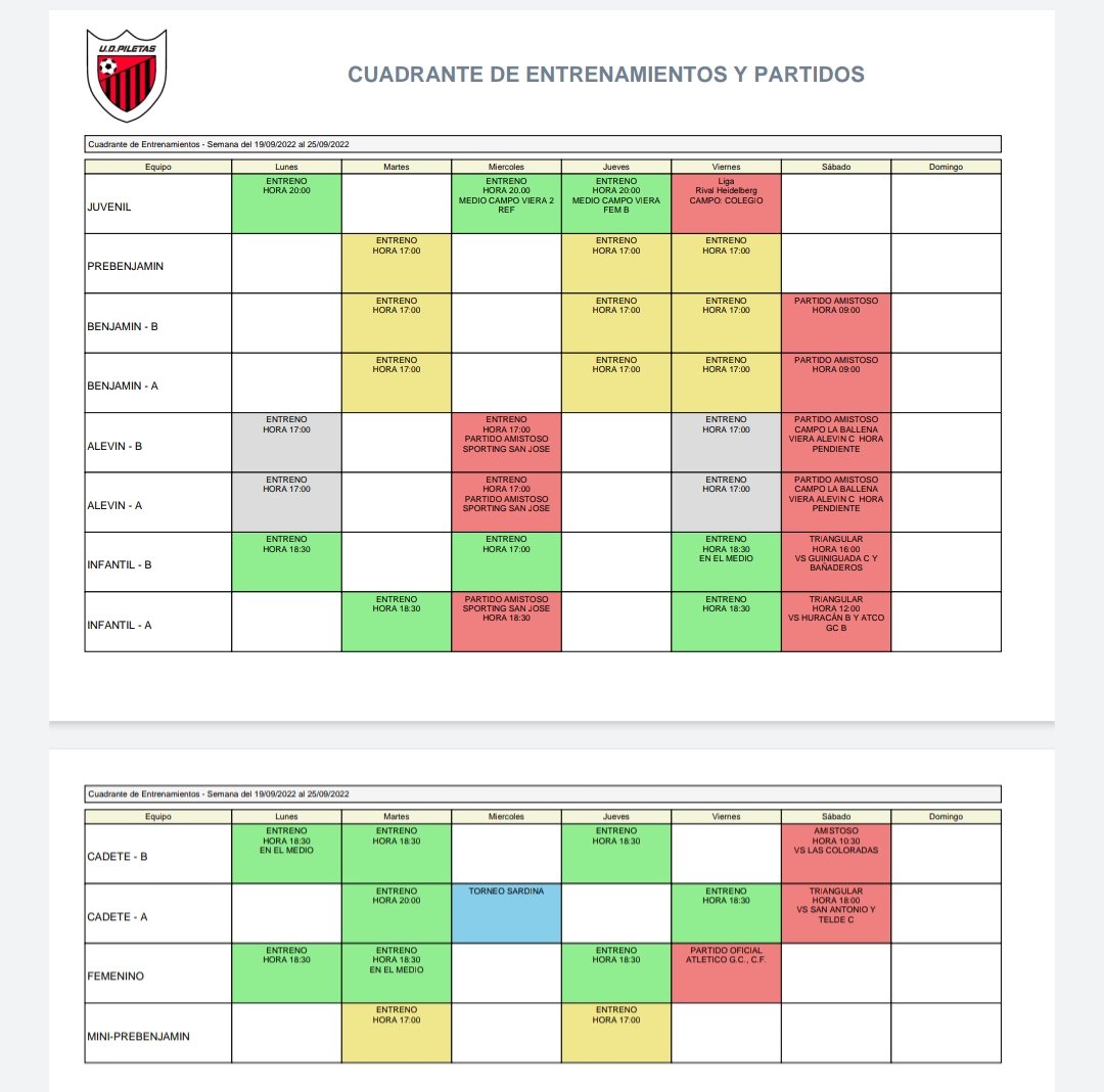 Cuadrante de entrenos semana del 19 al 25 de septiembre.
#elpiletasomostodos