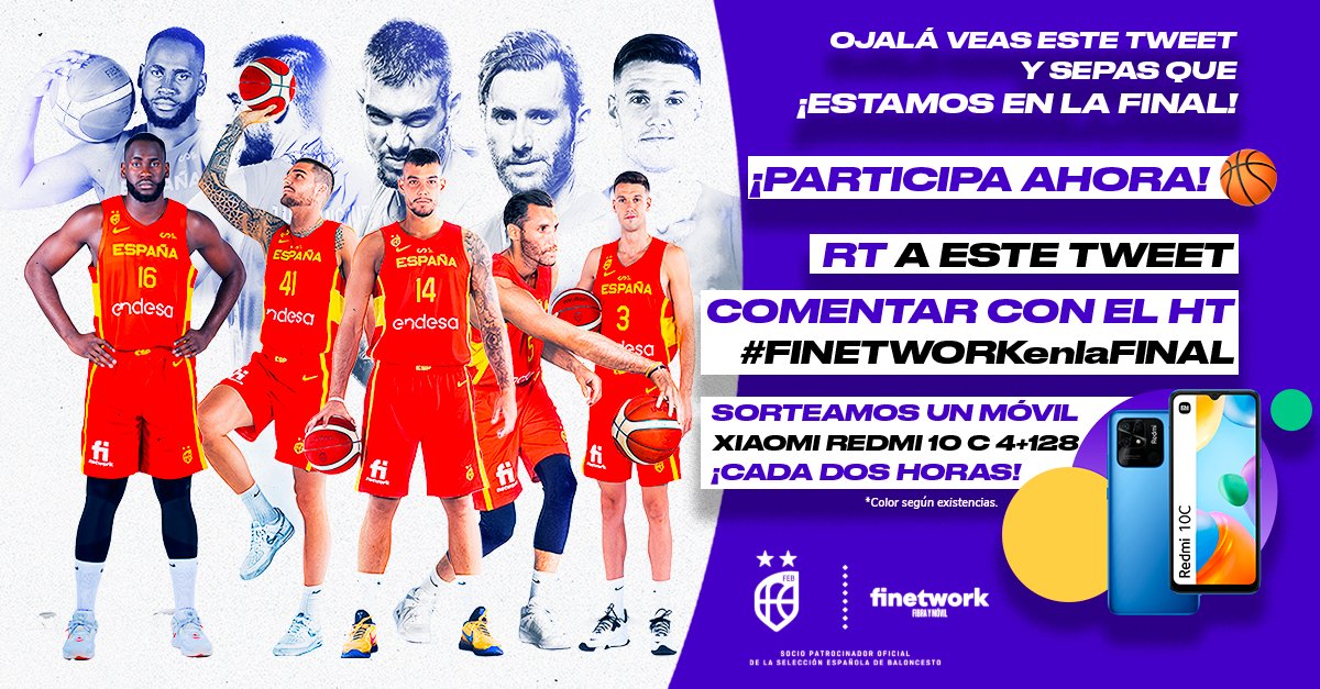 finetwork's tweet photo. ¡SORTEO! CELEBRAMOS QUE ESPAÑA ESTÁ EN LA FINAL. 🏀🔥 PARTICIPANDO PUEDES GANAR UN XIAMOI REDMI 10. Ganadores a las 14:00, 16:00 y  18:00.🔥

Para participar:
1. RT este tweet. 
2. Comentar con el HT #FINETWORKenlaFINAL

BBLL: https://t.co/HTFOpkGZMg https://t.co/hzQ72qD9vk
