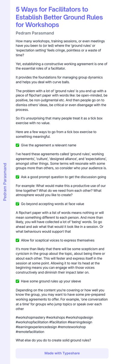 PedagogicalPed's tweet image. 5 Ways for Facilitators to Establish Better Ground Rules for Workshops

#workshopmastery #workshops #workshopdesign #workshopfacilitation #facilitation #learningdesign #learningexperiencedesign #remoteworkshop #remotefacilitation