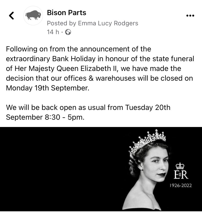 BisonParts's tweet photo. We will be reopen as normal Tuesday 20th September #QueenElizabethIIMemorial #bankholiday #truckparts #vanparts #sheffield https://t.co/HFY2ZO8L5a