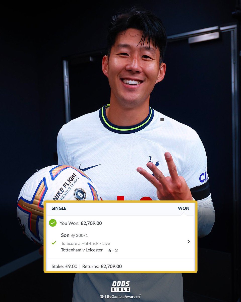 ODDSbible's tweet photo. £9 ➡️ £2.7k 🤯🤑

One punter kept the faith in Heung Min Son and predicted him to score a hat-trick after coming off the bench against Leicester… SCENES 😱🤩 https://t.co/37ReGQ8ovn