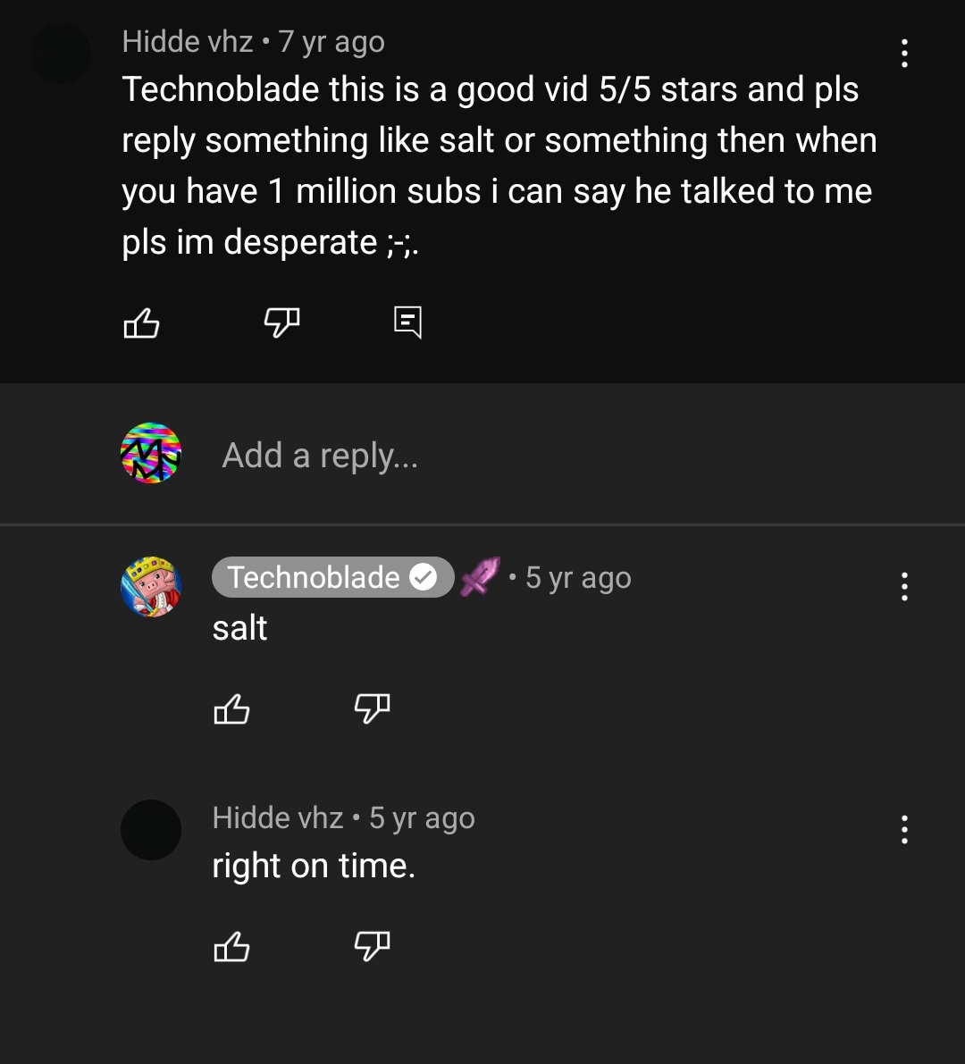 relativelysmll's tweet photo. This man... technoblade replying to a fan 2 years later WHEN HE HIT 1 MILLION SUBS.
Did he has a post-it note to remind him? HOW?!?! 
salt https://t.co/TjtzzrMQuH