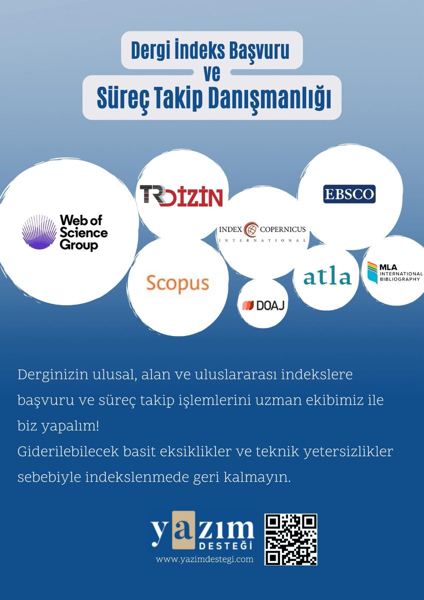 Giderilebilecek basit eksiklikler ve teknik yetersizlikler sebebiyle derginiz indekslemede geride kalmasın! Başvuru süreç ve takibini uzman ekibimiz ile biz yapalım. yazimdestegi.com