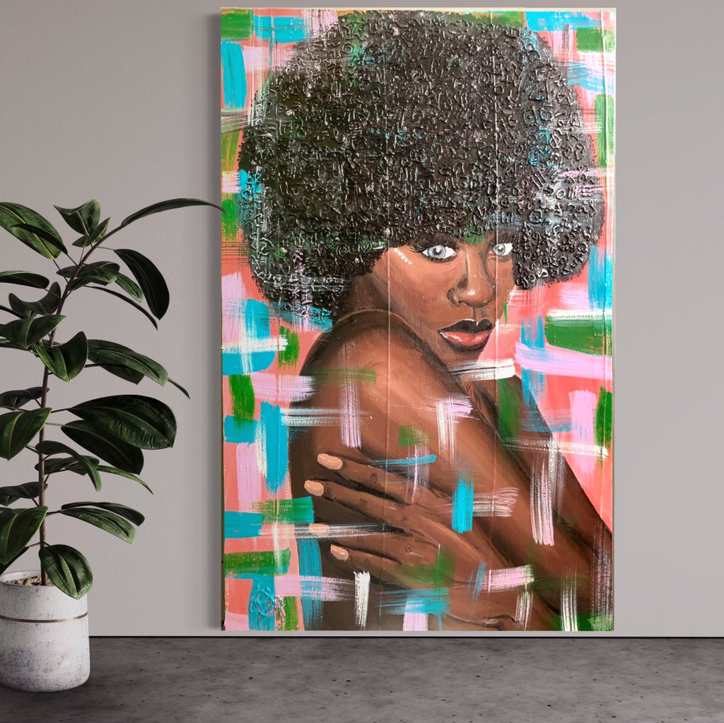 theoyee's tweet photo. 95x60cm Acrylic on canvas .”The Melanin”. This is a work to appreciate the beautiful black African woman’s color and culture. Her hair texture is of various African symbols. 
#painting #BLACKARTIST #acrylicpainting #viral #ArtistOnTwitter https://t.co/PeHIUPoeju