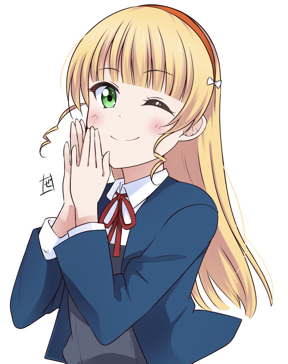 1girl yuigaoka school uniform solo school uniform one eye closed blonde hair green eyes  illustration images