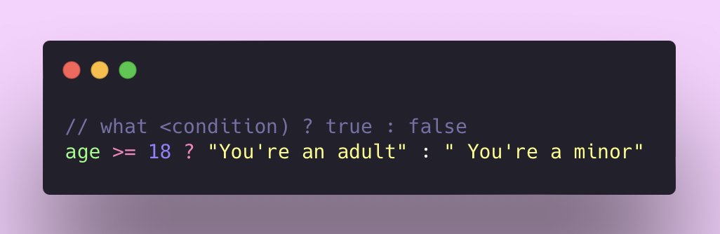codingyuri's tweet image. ternary operator tip💡
if ur confused about this shit, remember "WTF"
W - what (condition)
T - true
F - false
what ? true : false