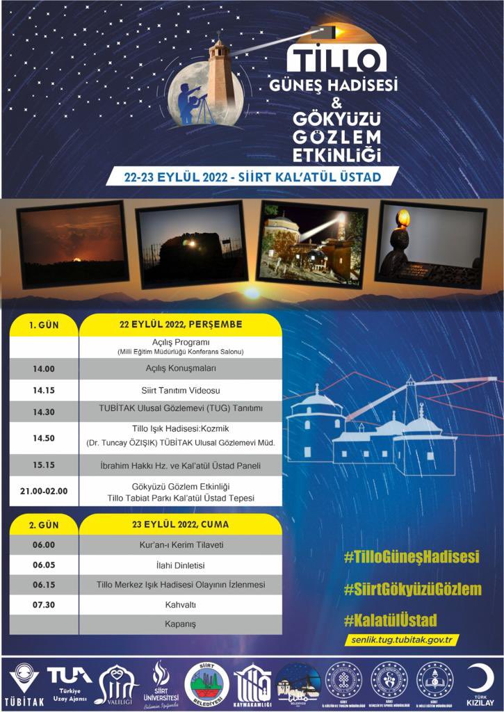 SiirtValiligi's tweet photo. Türkiye’nin en iyi gözlem noktası #Tillo’da buluşuyoruz!🌌 🔭🌙🪐

Tillo Güneş Hadisesi 
               &amp;
Gökyüzü Gözlem Etkinliği’ne

Tüm Halkımız Davetlidir.

🗓️22-23 Eylül 
📍Siirt 

#SiirtGökyüzüGözlem
#TilloIşıkHadisesi
#KaletülUstad https://t.co/7zECeGwCBI
