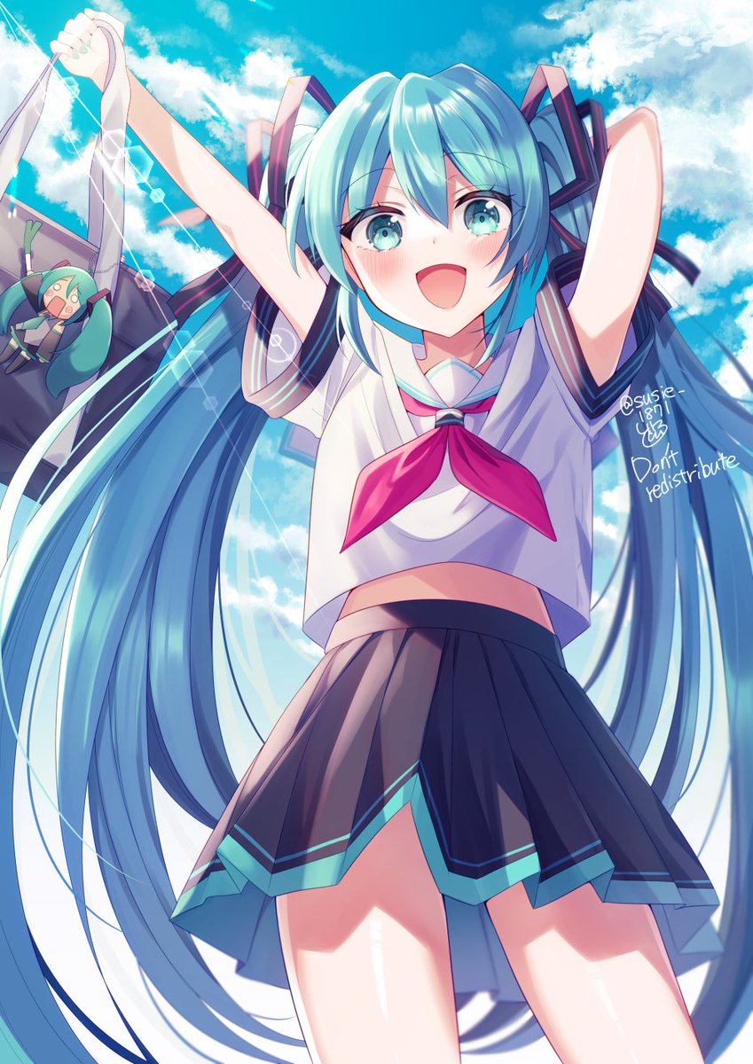 hatsune miku skirt spring onion twintails long hair pleated skirt shirt very long hair  illustration images