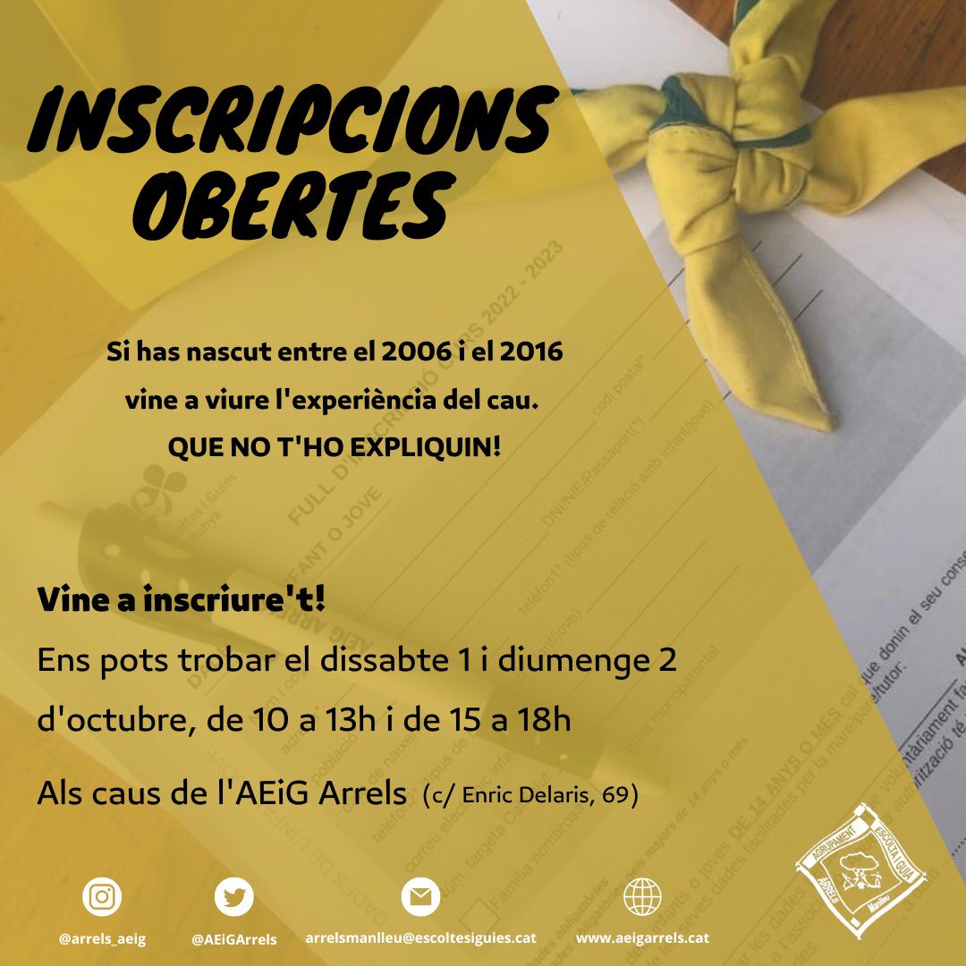 INSCRIPCIONS OBERTES!! 
Ja tenim el nou curs a tocar, vine i viu l'experiència de l'escoltisme!

📆 L’1 i el 2 d’octubre
⏰ De 10 a 13h i de 15 a 18h 
📍Als caus de l'AEIG Arrels (Carrer Enric Delaris, 69)

#sempreapunt #somdecau #manlleu #Osona