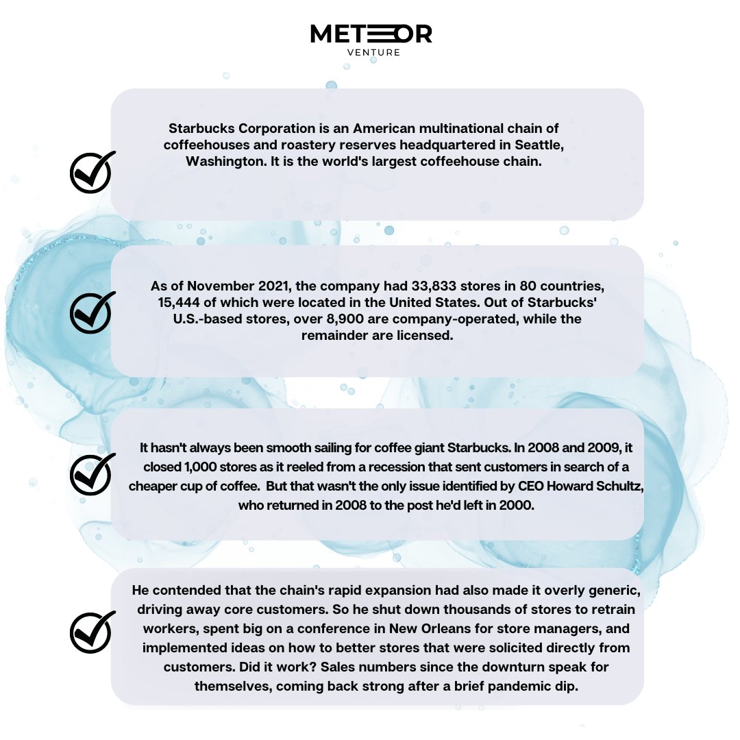 Let’s look at how Starbucks changed it’s strategies according to a market &amp; survived the 2009 global economic crisis through basic cost cutting &amp; improving the quality. What if it would have given up during the recession? 
 #starbucks #sucessfullstartups #coffee #strategies