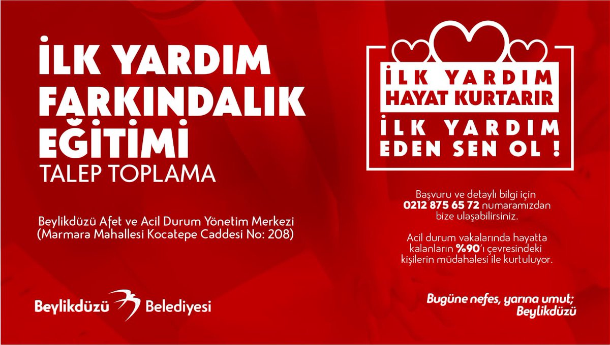 ❗️ İLK YARDIM HAYAT KURTARIR❗️

İlk Yardım Farkındalık Eğitimimize katılmak isteyen komşularımız mesai saatleri içerisinde 0212 875 65 72 numaralı telefondan başvurabilirler.
İlk yardım eden siz olun. ❗️