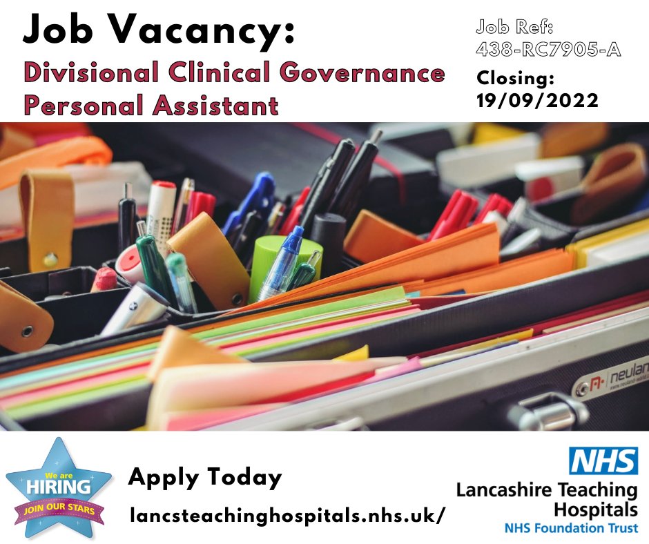 Job Vacancy: Divisional Clinical Governance Personal Assistant <a href="/LancsHospitals/">Chorley & Royal Preston</a> 

⏰ Closes: 19/09/22

Interested? Discover more here: bit.ly/3Lft2bb

#NHS #NHSjobs #Lancashire #Lancashirejobs #PA #PersonalAssistant #Preston #Chorley #Healthcare