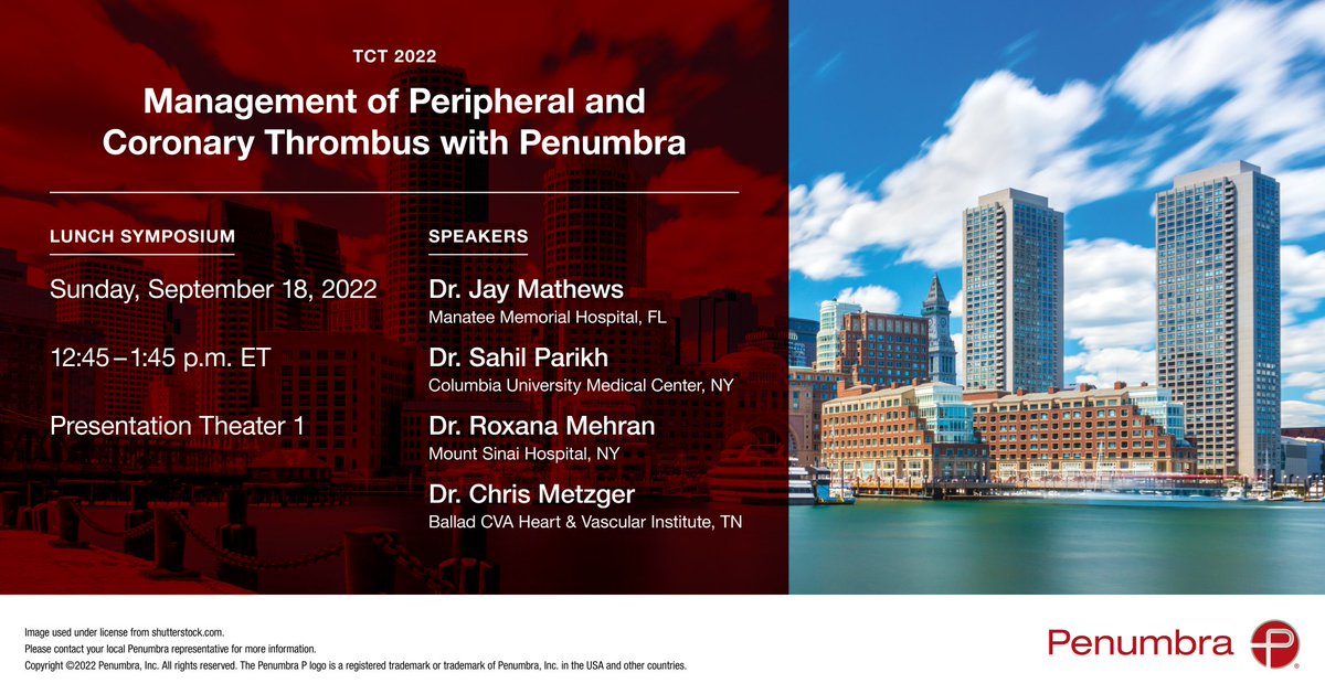 PenVascular's tweet photo. Penumbra’s innovative technology is making an impact on how interventional cardiologists are managing peripheral and coronary thrombus. Find out how by joining us for lunch this afternoon at #TCT2022 https://t.co/SwljI7XKk4