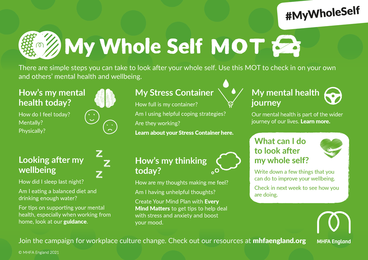 MHFAEngland's tweet photo. As the week draws to a close, set aside time today to check in with yourself and others.  

Our #MyWholeSelf MOT may help: https://t.co/HVLhYOZDKV

#Wellbeing #MentalHealthAwareness #MentalHealth #Help #Support https://t.co/08PRJ2brOg