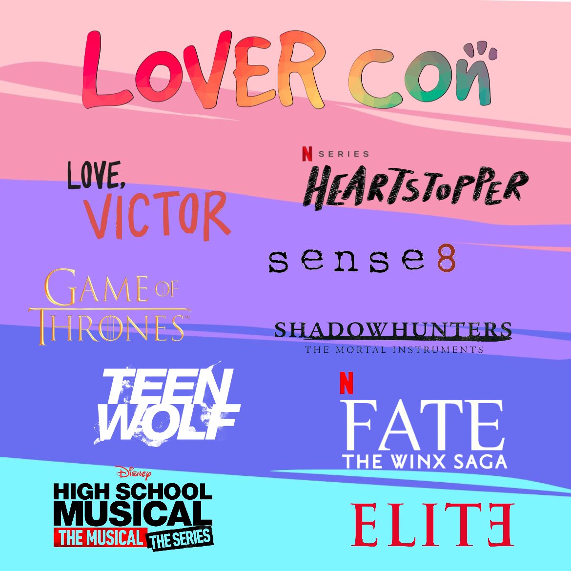 LoverCon_'s tweet photo. The series we currently reached out to invite people from. We know there is another company who will organise a Love, Victor / Heartstopper themed convention in Belgium, we contacted them and we will try not to invite the same guests so you have a variable line-up. https://t.co/v0x3cojbQk