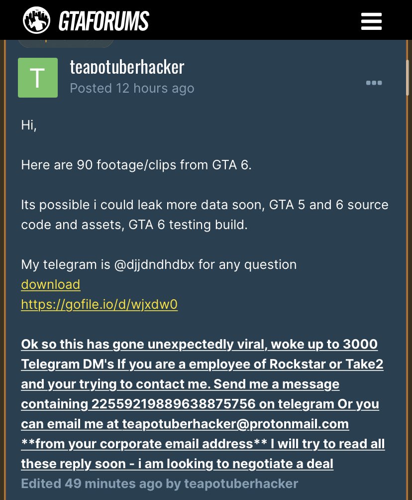 Stephen Totilo on X: “i am looking to negotiate a deal” GTA VI leaker says  they've woken up to thousands of messages and are calling on people from  Rockstar/Take Two to contact