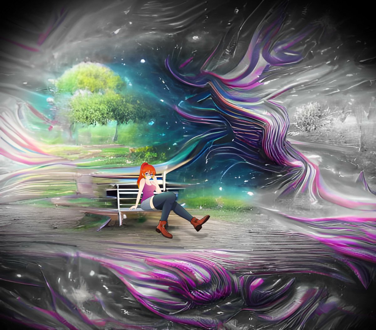 FrameImperfect's tweet photo. I took an #OC I worked on a while ago and threw on some #AIart for a background, jumbled on some effects and ended up with this. :D

#AiArtworks #digitalart #DigitalArtist https://t.co/qL6kDn9UVE