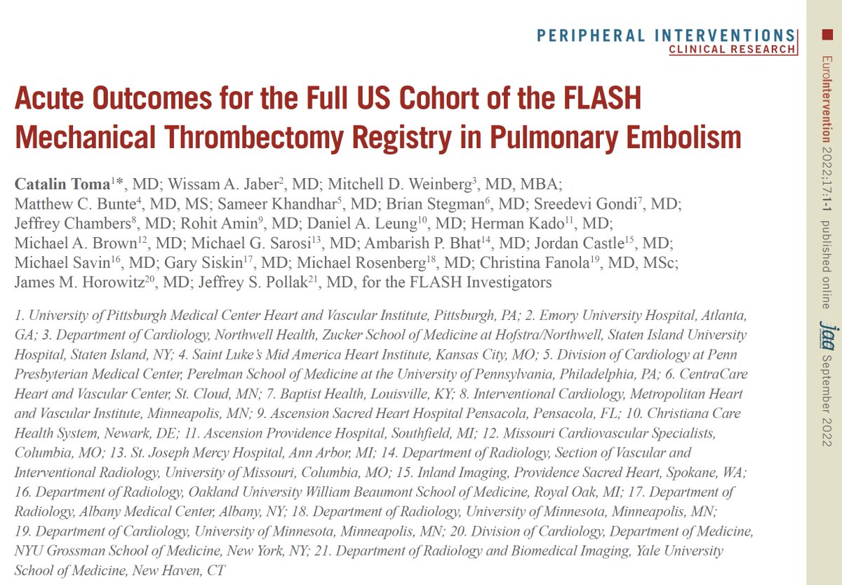 #TCT2022 simultaneous publication. In the FLASH registry, mechanical thrombectomy with the FlowTriever System for pulmonary embolism demonstrated a favorable safety profile, improvements in hemodynamics and functional outcomes, and low 30-day mortality. eurointervention.pcronline.com/article/acute-…