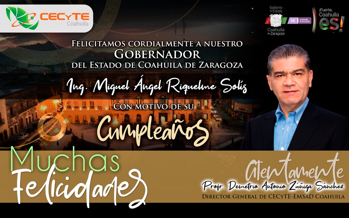 🎉 El día de hoy nuestro subsistema se complace en felicitar a nuestro Gobernador Ing. <a href="/mrikelme/">Miguel Riquelme</a> con motivo de su cumpleaños. 

¡Nuestros mejores deseos! 

Atentamente,
Director General Profr. <a href="/Demetrio_Z/">Demetrio Zuñiga</a>