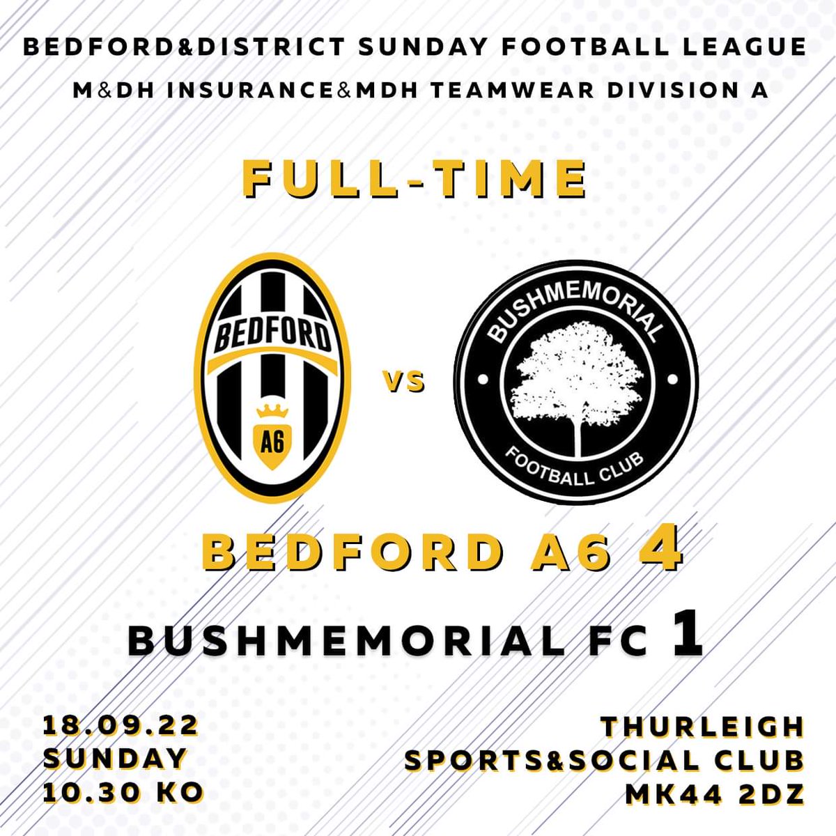 A6Bedford's tweet photo. ⚽️🏆 | RESULT

The lads ran out 4-1 winners today against @BushmemorialFC. Although not at our best, we got the important 3pts. Jakes goal stood out as he took on 2 players &amp; rolled the gk🔥

Goalscorers;
Ty ⚽️
@Jake01Davis ⚽️🔥 
@CousinsMarkel ⚽️
Caelan ⚽️

MOM ~ @harryc_26 ⭐ https://t.co/QIXm2keSHW