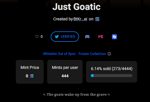 justgoatic's tweet photo. Because solana tps is down, we will make it for free

Link: https://t.co/ORCn1QoVvk

#FreeMint #solanaNFTproject #NFTCommuntiy https://t.co/kz9rv9BRJU