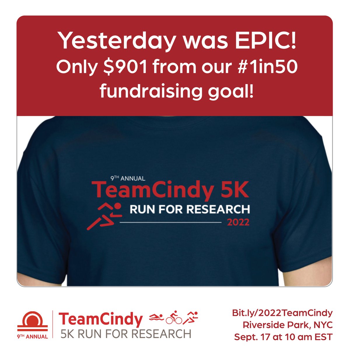 Yesterday was AMAZING! With your help, we have raised almost $50K! We are only $901 from our race day goal! Event might be over, but you can still donate until Dec 31 -- let's knock it out of the park &amp; fund additional research grants! Visit Bit.ly/2022TeamCindy @bafound