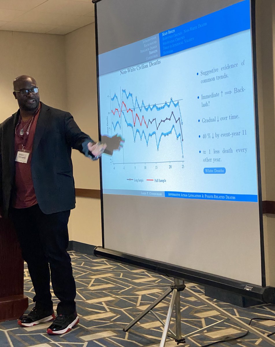 Dr. Trevon D Logan (@trevondlogan) on Twitter photo The scope of economic history is broad. Great presentation of <a href="/DrJPCunningham/">Jamein P. Cunningham</a> <a href="/RobynnCox/">Robynn Cox</a> <a href="/berto_econ/">Alberto Ortega</a>’s “The Impact of Affirmative Action Litigation on Police Killings of Civilians.”  Diversity of police forces linked to dramatic declines in (non-White) civilian deaths by police! The scope of economic history is broad. Great presentation of <a href="/DrJPCunningham/">Jamein P. Cunningham</a> <a href="/RobynnCox/">Robynn Cox</a> <a href="/berto_econ/">Alberto Ortega</a>’s “The Impact of Affirmative Action Litigation on Police Killings of Civilians.”  Diversity of police forces linked to dramatic declines in (non-White) civilian deaths by police!